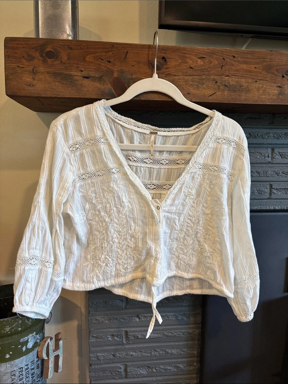 Free People White Embroidered Tie-Front Boho Blouse
